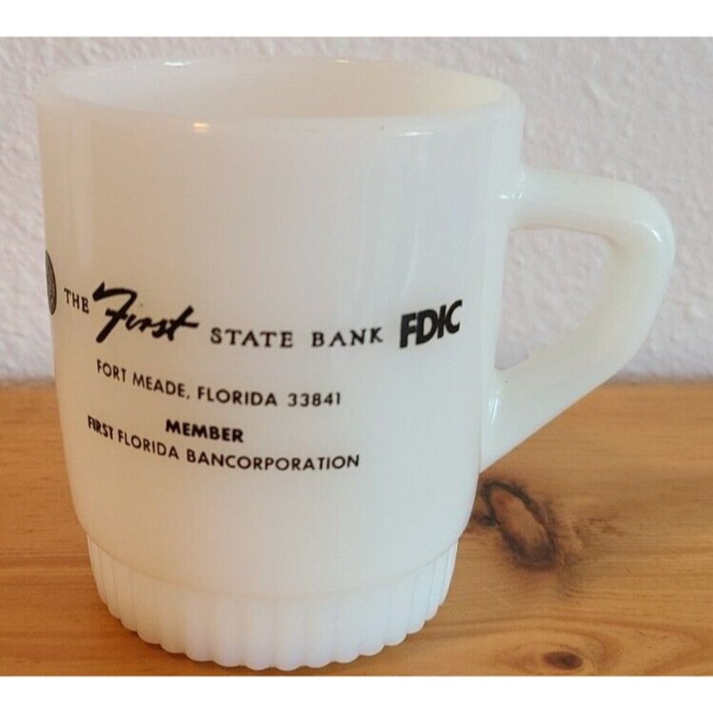 Vtg Anchor Hocking Fire King Advertising Mug First State Bank FDIC Fort Meade FL